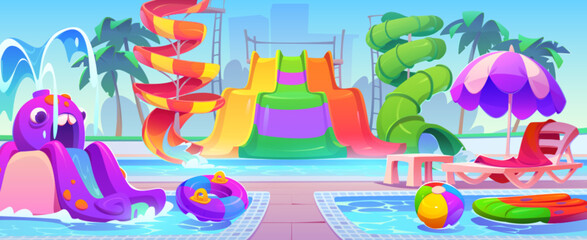 Summer waterpark with water pools and slides. Cartoon vector illustration of amusement aquapark with bright waterslide, inflatable balls and rings, lounge chair under umbrella and palm trees. - obrazy, fototapety, plakaty