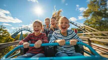 Family of four enjoying a thrilling roller coaster ride together
