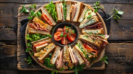 A high-angle view of a rustic wooden platter filled with an assortment of freshly made sandwiches and a variety of colorful vegetables