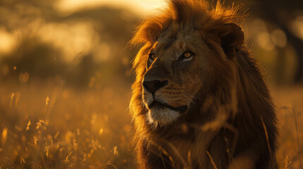 Naklejka premium The wild lion's majestic head is illuminated by the soft glow of golden hour light in its savanna grasslands habitat