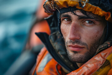 A close-up shot of a man wearing a bright orange life jacket on a boat. The man appears to be a migrant or refugee at sea, possibly part of the Mediterranean migrant traffic