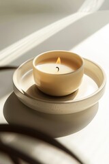 Serene Candle on a White Windowsill Basking in Soft Morning Light