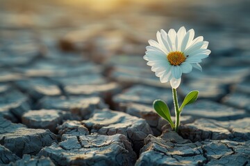 A solitary daisy sprouts from a cracked, dry earth, symbolizing resilience and the hope of new beginnings.