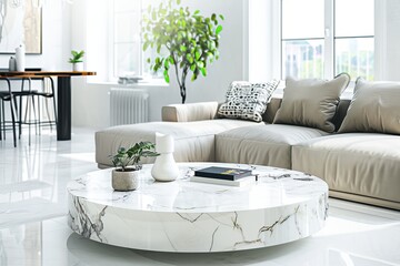 Serene Living Room Decor With a White Sofa and Marble Coffee Table in Daytime