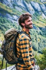 Smiling Young Man on a Mountain Hike in Lush Green Landscape During Early Autumn