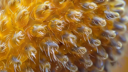 Closeup image of a honey bees antenna featuring multiple segments covered with fine hairs and dotted with tiny pores. The image captures - obrazy, fototapety, plakaty
