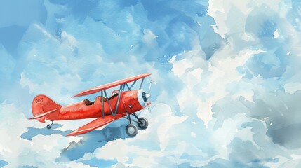 Fototapeta premium Soft watercolor depiction of a newborn's toy airplane against a backdrop of vast blue skies, symbolizing boundless possibilities