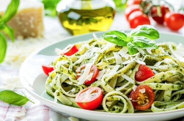 Fresh Pesto Pasta Topped With Cherry Tomatoes and Parmesan on a Bright Day