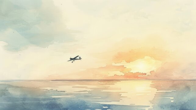 Serene watercolor scene of a toy airplane gliding over a tranquil ocean at dawn, reflecting calm and freedom, suitable for inspirational wall art