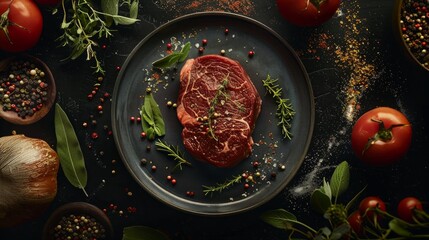 A premium raw beef steak sits on a plate, garnished with herbs and surrounded by a variety of colorful and fresh vegetables