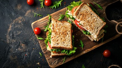A sandwich cut in half is placed on a wooden cutting board, showing its layers and fillings - obrazy, fototapety, plakaty