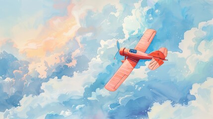 Vibrant watercolor of a toy airplane soaring above fluffy clouds, evoking a sense of adventure and exploration, ideal for children's books