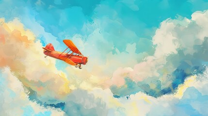 Vibrant watercolor of a toy airplane soaring above fluffy clouds, evoking a sense of adventure and exploration, ideal for children's books