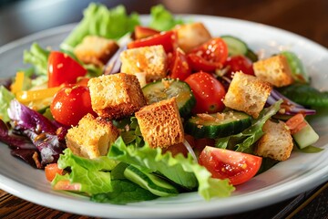 Fresh Garden Salad With Croutons Served on a White Plate in a Casual Dining Setting