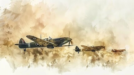 Watercolor air show scene, vintage aircraft against a backdrop of a softly painted sky, highlighting the elegance of flight