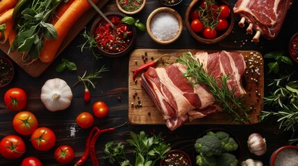 An assortment of fresh culinary ingredients including herbs, vegetables, and spices laid out on a table