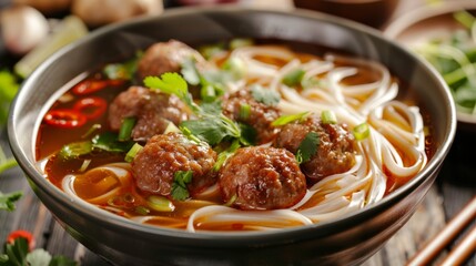 Bowl of savory soup with beef balls and noodles