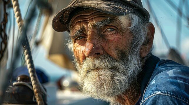 A gritty and sunburned seafarer gazes out at the horizon his weathered face a testament to the harsh conditions of the sea and his determination to brave it all for his livelihood. .