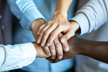 Multicultural team of professionals with hands joining together, symbolizing collaboration, solidarity, and shared success