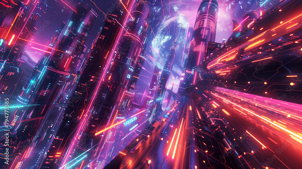 Poster a surreal landscape where the viewer is immersed within the intricate pathways of an electrical circ