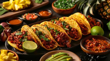 A wide-angle shot of a table adorned with an assortment of tacos, including Tacos al Pastor with...