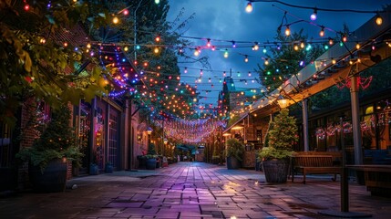 A bustling street at dusk, adorned with numerous bright and colorful string lights, creating a festive and lively atmosphere