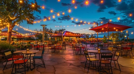 A vibrant patio scene at night with tables, umbrellas, and festive lights creating a warm ambiance for outdoor dining