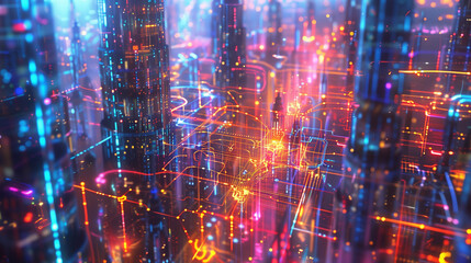A surreal landscape where the viewer is immersed within the intricate pathways of an electrical circuit. Render the circuit components as towering structures, with currents flowing through vibrant lin - obrazy, fototapety, plakaty