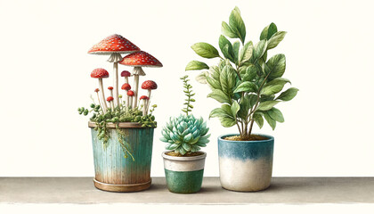 Fototapeta premium watercolor painting three potted plants side by side
