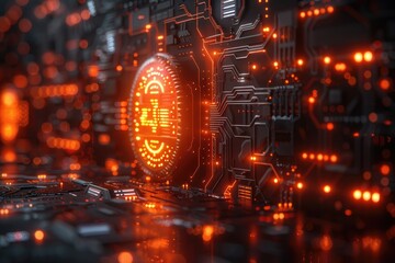 A digital fortress surrounded by firewalls and protective code streams, safeguarding a core of sensitive data