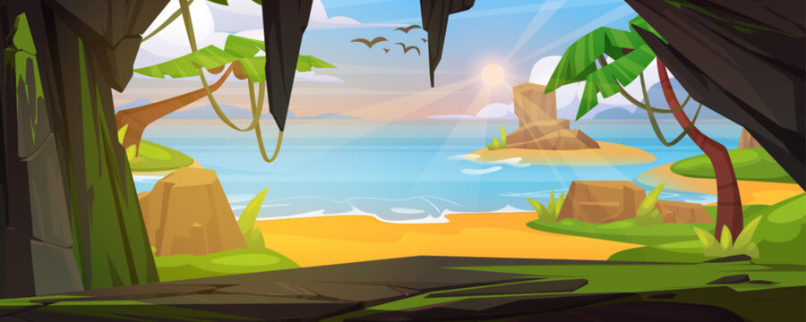 View from inside of cave through hole entrance on empty sea or ocean sand beach with palm trees, green grass and rocks. Cartoon vector summer landscape with underground grotto for jungle adventure.