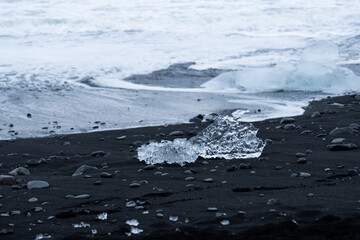 Crystal glacier ice block scattered on a dark volcanic sand beach with wave gently rolling in the...