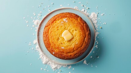 Top view of moist, slightly sweet cornbread made with cornmeal, served with melting butter, isolated on a clean background, studio lighting