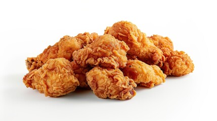 Top view of crispy, golden-brown chicken pieces seasoned and fried to perfection, showcased on an isolated background, studio lighting