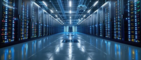 High-tech financial data center with rows of servers storing encrypted transaction records, guarded by advanced security systems