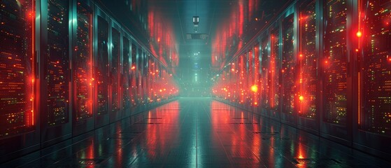 High-tech financial data center with rows of servers storing encrypted transaction records, guarded by advanced security systems
