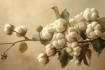 A branch of cotton flowers with a yellowish background