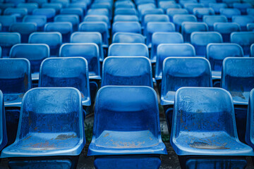 A row of blue chairs are empty
