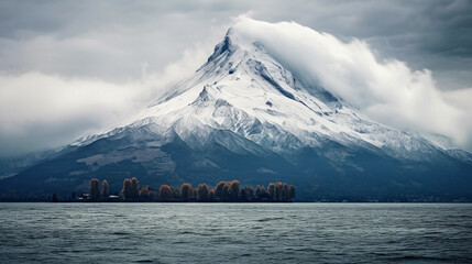 a mountain with snow on its peak covered in clouds across the lake