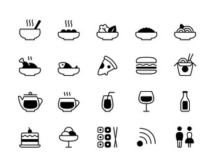 Restaurant food icon set. Modern meal and dish symbol illustrations. Hot dinner plate templates. Vector cafe pictograms for pasta, pizza, bowl, burger, fish, chicken, soup, wok, ramen, rolls, sushi