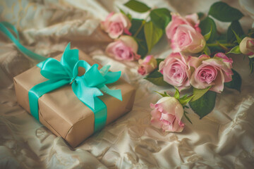 A gift box with a blue ribbon sits on a bed with pink roses