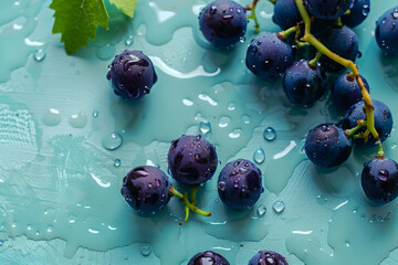 A bunch of grapes are sitting on a blue surface with water droplets on them - Powered by Adobe