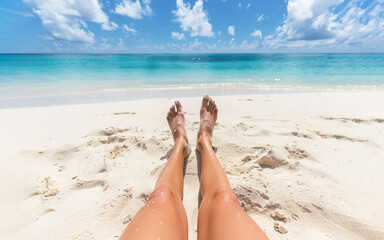 View of woman's legs stretched out on the beach facing sea. Vacation or summertime concept