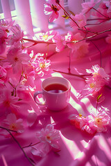 A white cup with tea sits on a pink background of flowers - obrazy, fototapety, plakaty