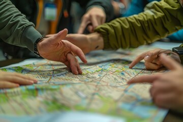 Closeup of individuals pointing at locations on a map, discussing directions and planning routes for travel or exploration