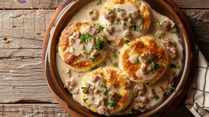 Hearty serving of biscuits smothered in savory sausage gravy, captured from above, emphasizing texture, isolated backdrop, studio lighting