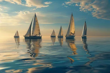 Deurstickers A group of sailboats float on calm water, their sails filled with wind, creating reflections on the waters surface as they race © Ilia Nesolenyi