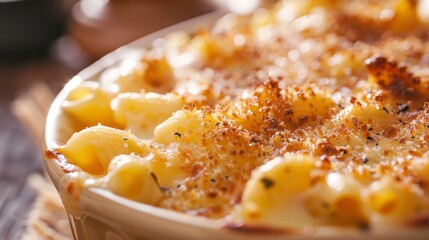 Gourmet close-up of Southern style macaroni and cheese, rich and creamy texture highlighted, against an isolated background, studio lighting