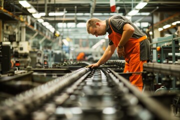 A man in a shirt and orange pants working diligently on a busy conveyor belt in a factory setting