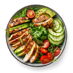 set of Healthy and delicious salad bowl with chicken, avocado ,and tomato, good source of protein. It is a healthy dish for dinner, isolated on a white or transparent background. top view 